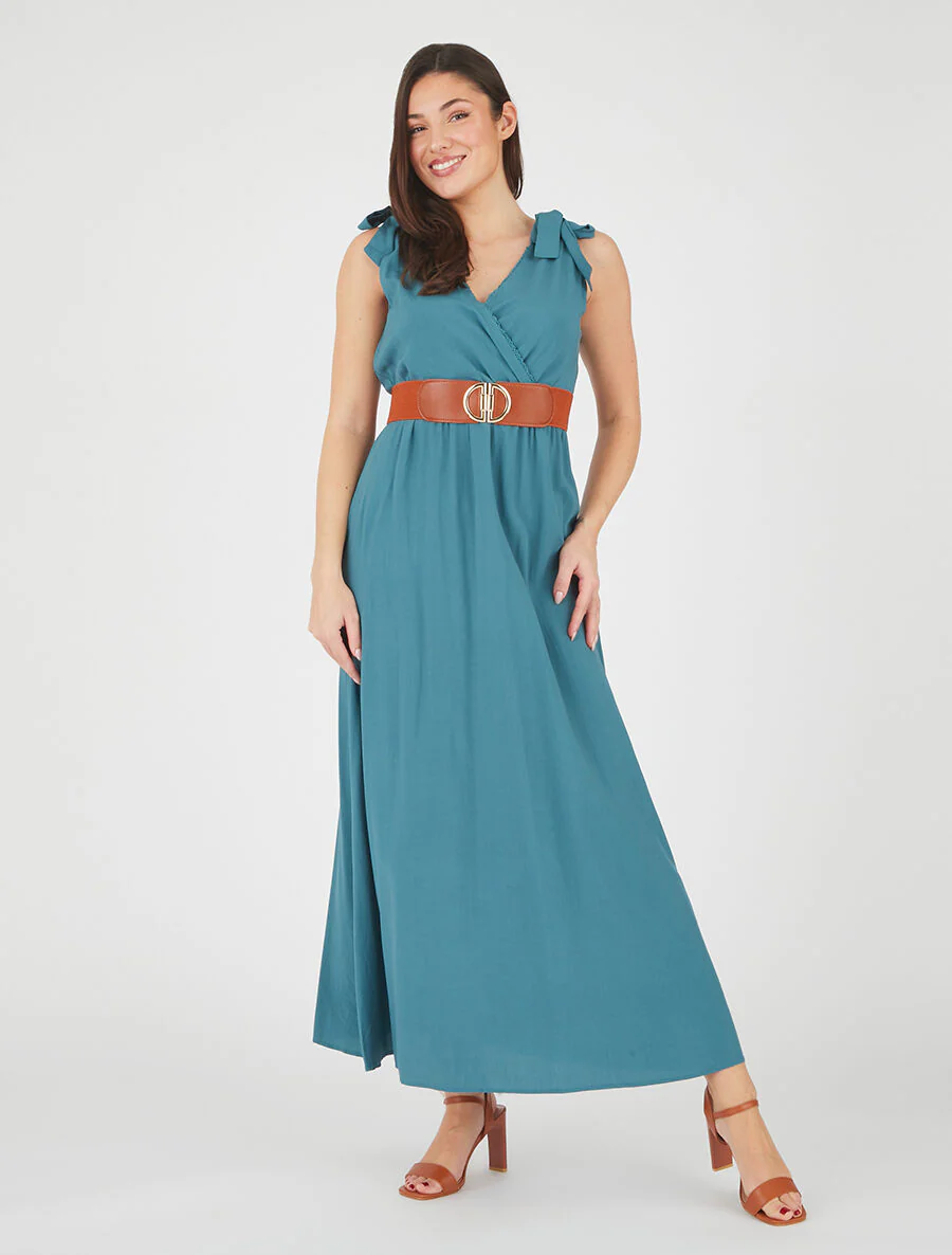 Robe longue à nœuds sur les épaules - Bleu canard - Image 4