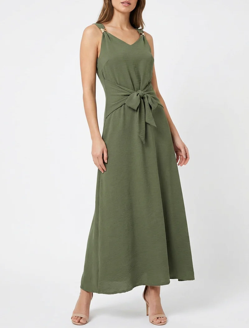 Robe longue à pans à nouer - Kaki - Image 4