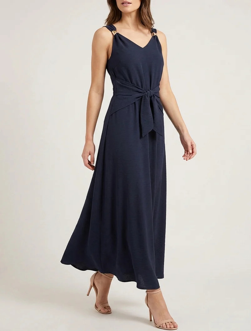 Robe longue à pans à nouer - Bleu nuit - Image 4