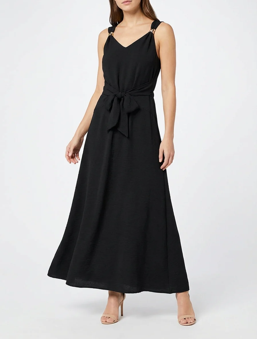 Robe longue à pans à nouer - Noir - Image 4