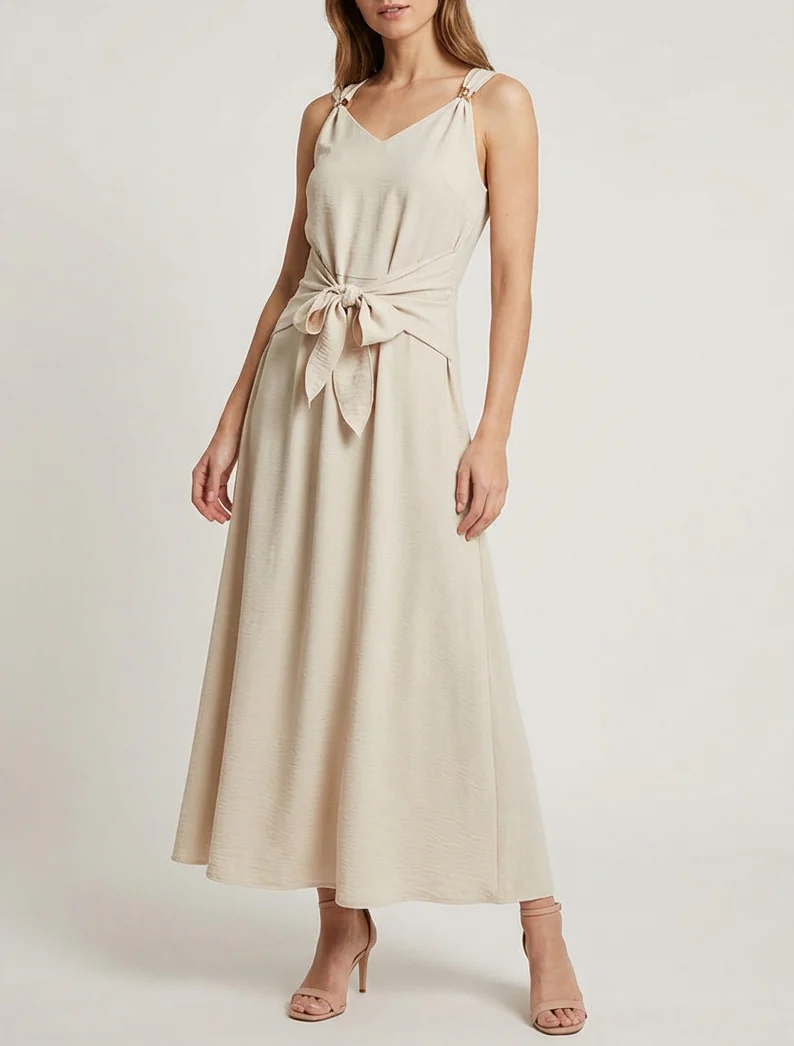 Robe longue à pans à nouer - Beige - Image 4