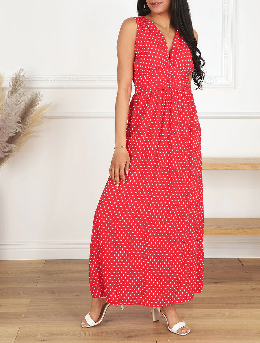 Robe longue à pois sans manches - Rouge - Image 4
