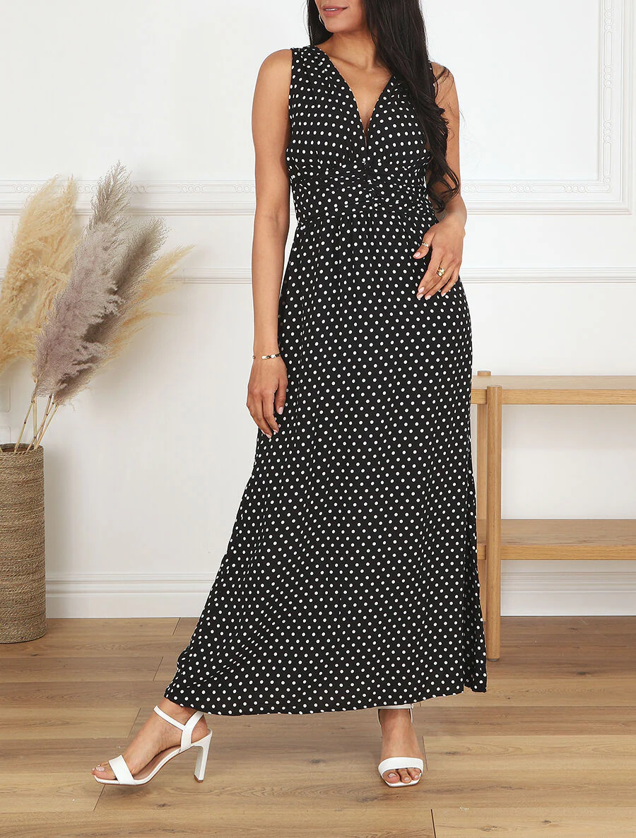 Robe longue à pois sans manches - Noir - Image 4