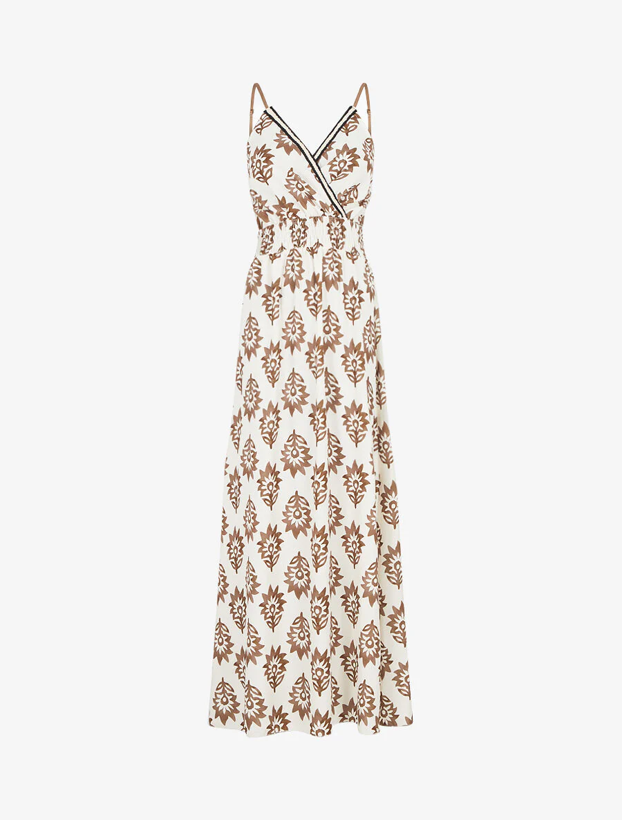 Robe longue à taille élastiquée imprimé floral - Camel