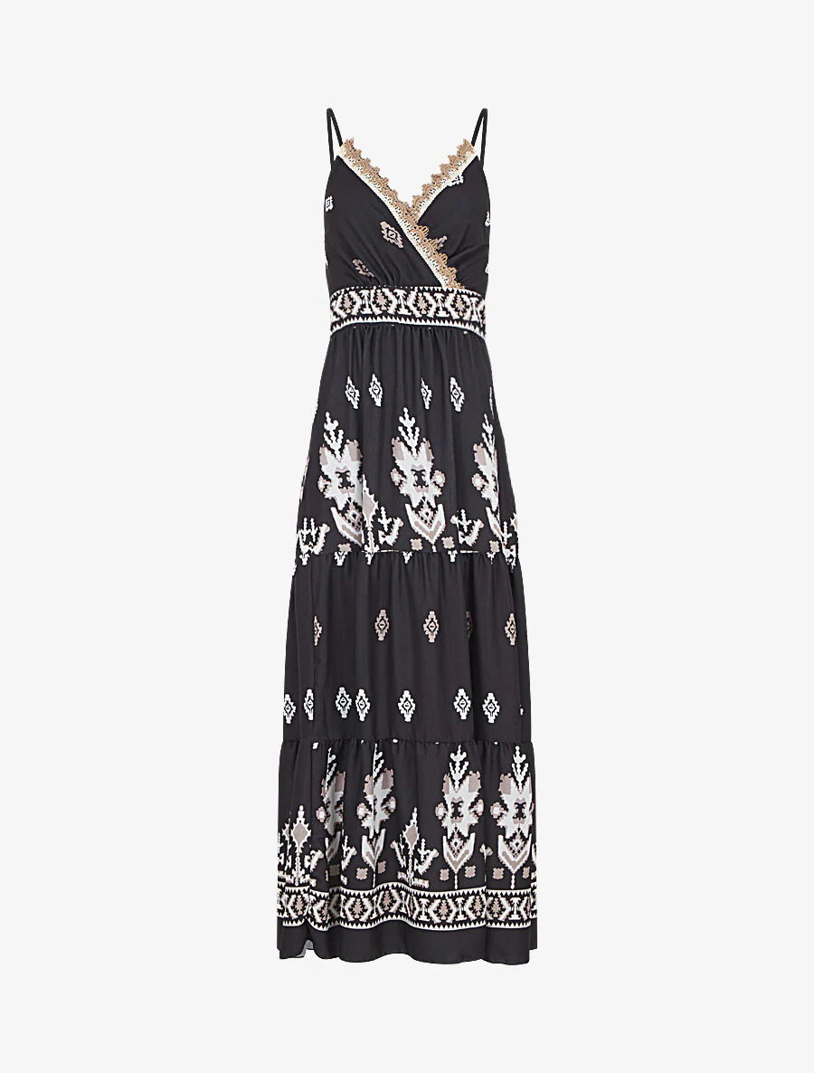 Robe longue à taille élastiquée imprimé ikat - Noir