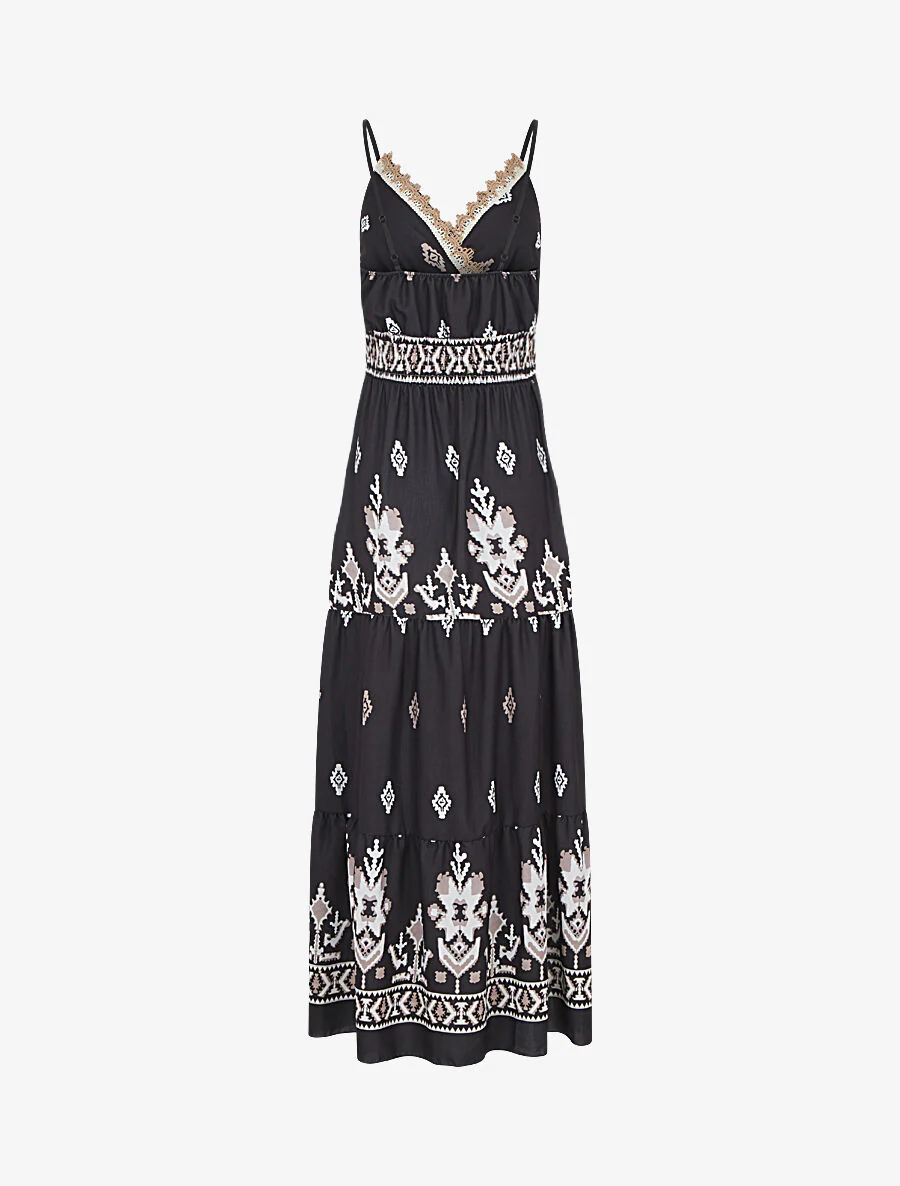 Robe longue à taille élastiquée imprimé ikat - Noir - Image 2