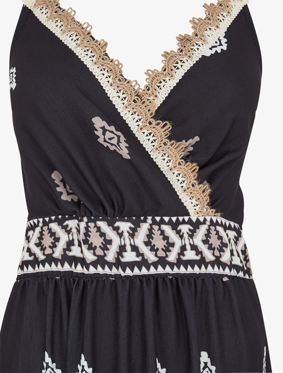 Robe longue à taille élastiquée imprimé ikat - Noir - Image 3
