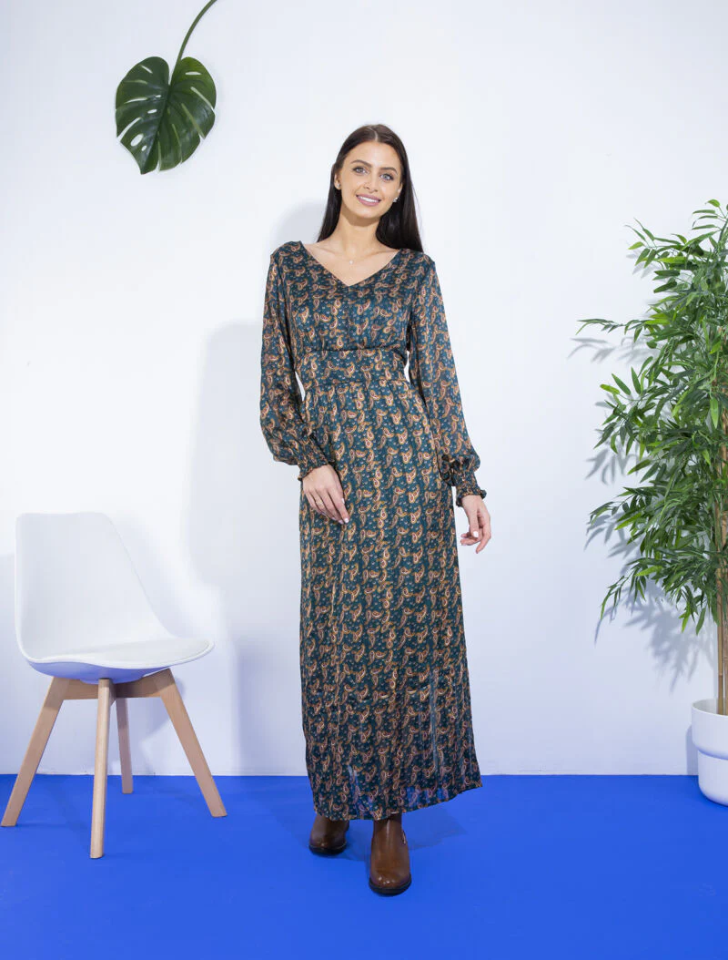 Robe longue à taille marquée imprimé cachemire - vert
