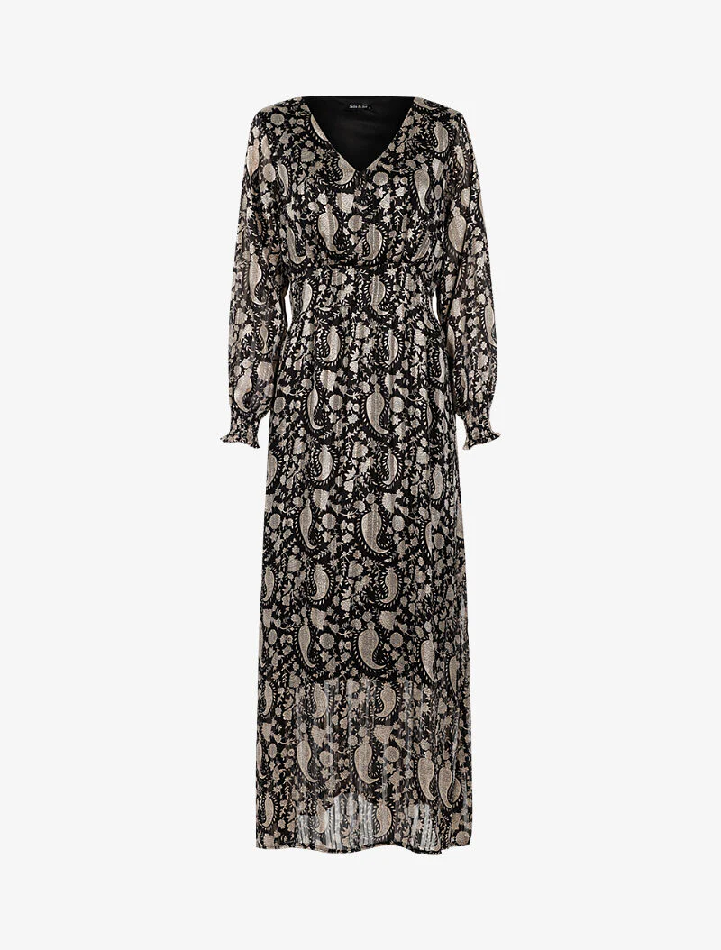 Robe longue à taille marquée imprimé cachemire - noir