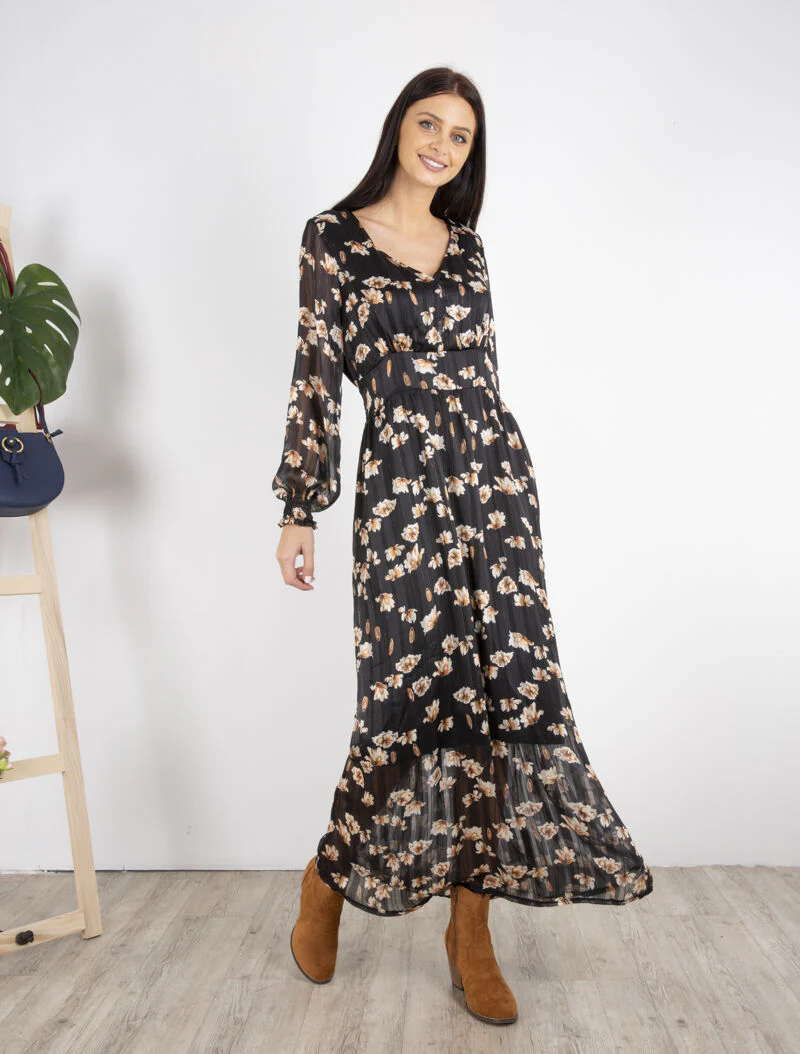 Robe longue à taille marquée imprimé fleurs blanches - noir