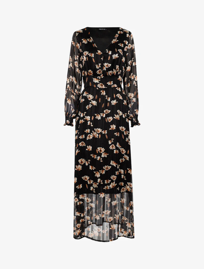 Robe longue à taille marquée imprimé fleurs blanches - noir - Image 2