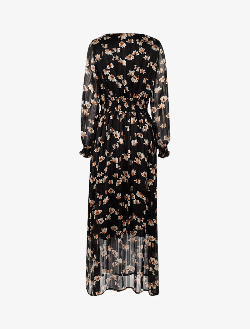 Robe longue à taille marquée imprimé fleurs blanches - noir - Image 3