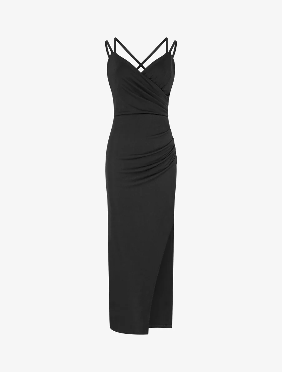 Robe longue ajustée à fente et bretelles - Noir
