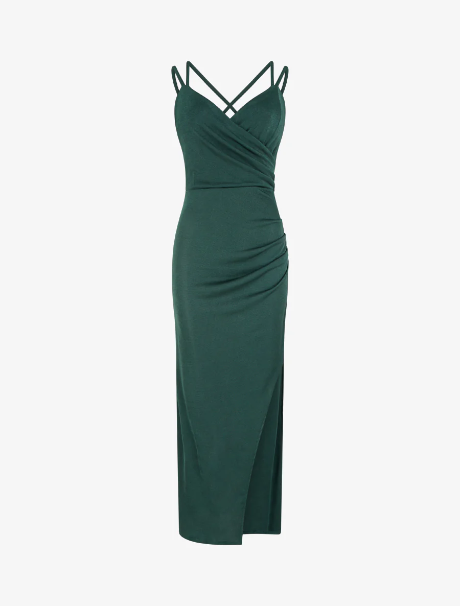 Robe longue ajustée à fente et bretelles - Vert foncé