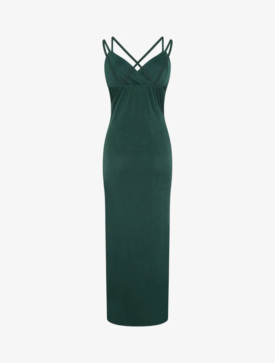 Robe longue ajustée à fente et bretelles - Vert foncé - Image 2
