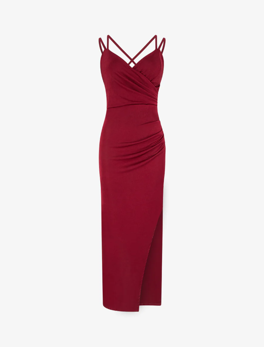 Robe longue ajustée à fente et bretelles - Bordeaux