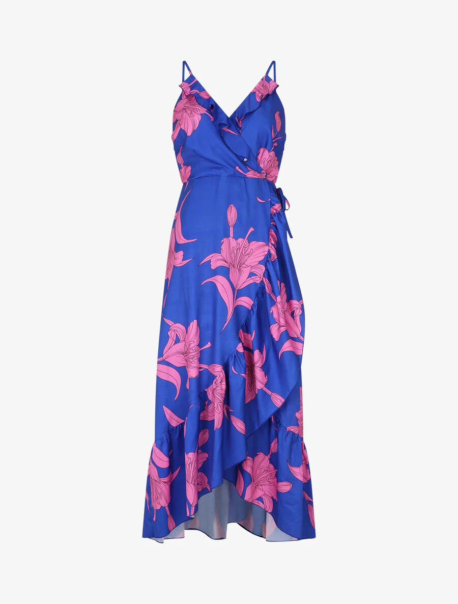 Robe longue asymétrique à imprimé grandes fleurs - Bleu roi