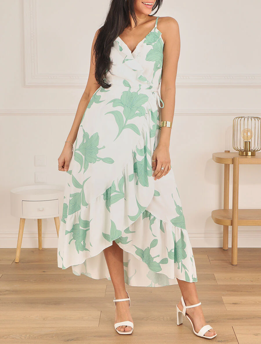Robe longue asymétrique à imprimé grandes fleurs - Blanc - Image 4