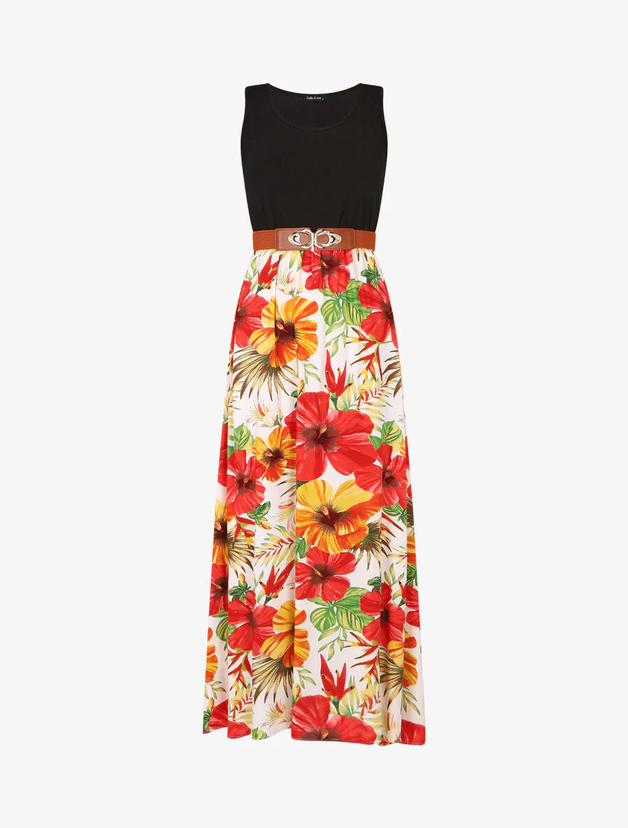 Robe longue bicolore imprimé tropical - Blanc