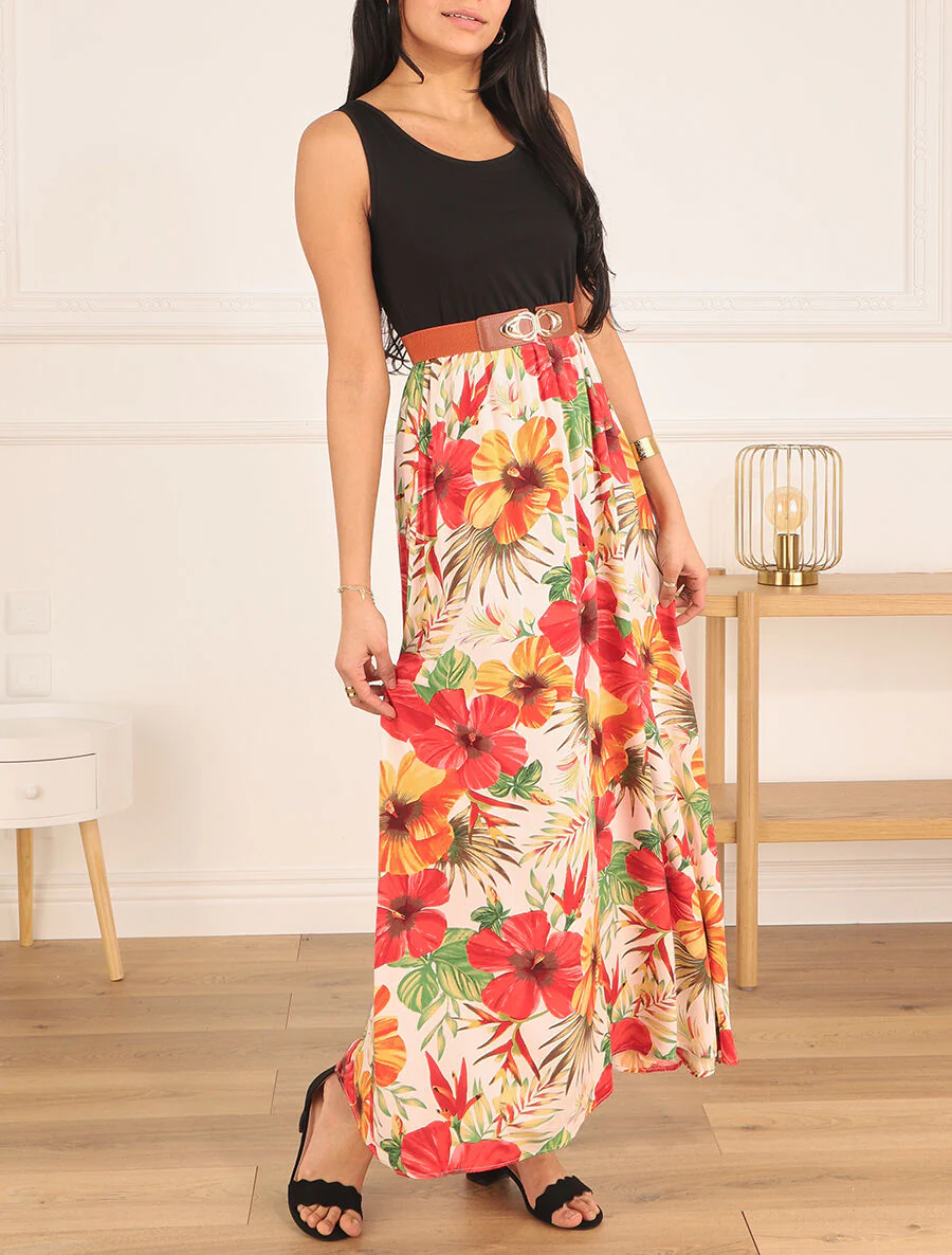 Robe longue bicolore imprimé tropical - Blanc - Image 4