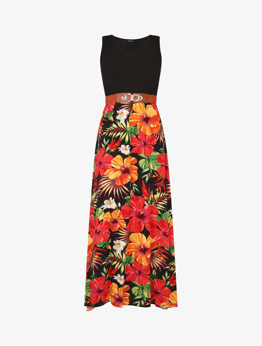 Robe longue bicolore imprimé tropical - Noir