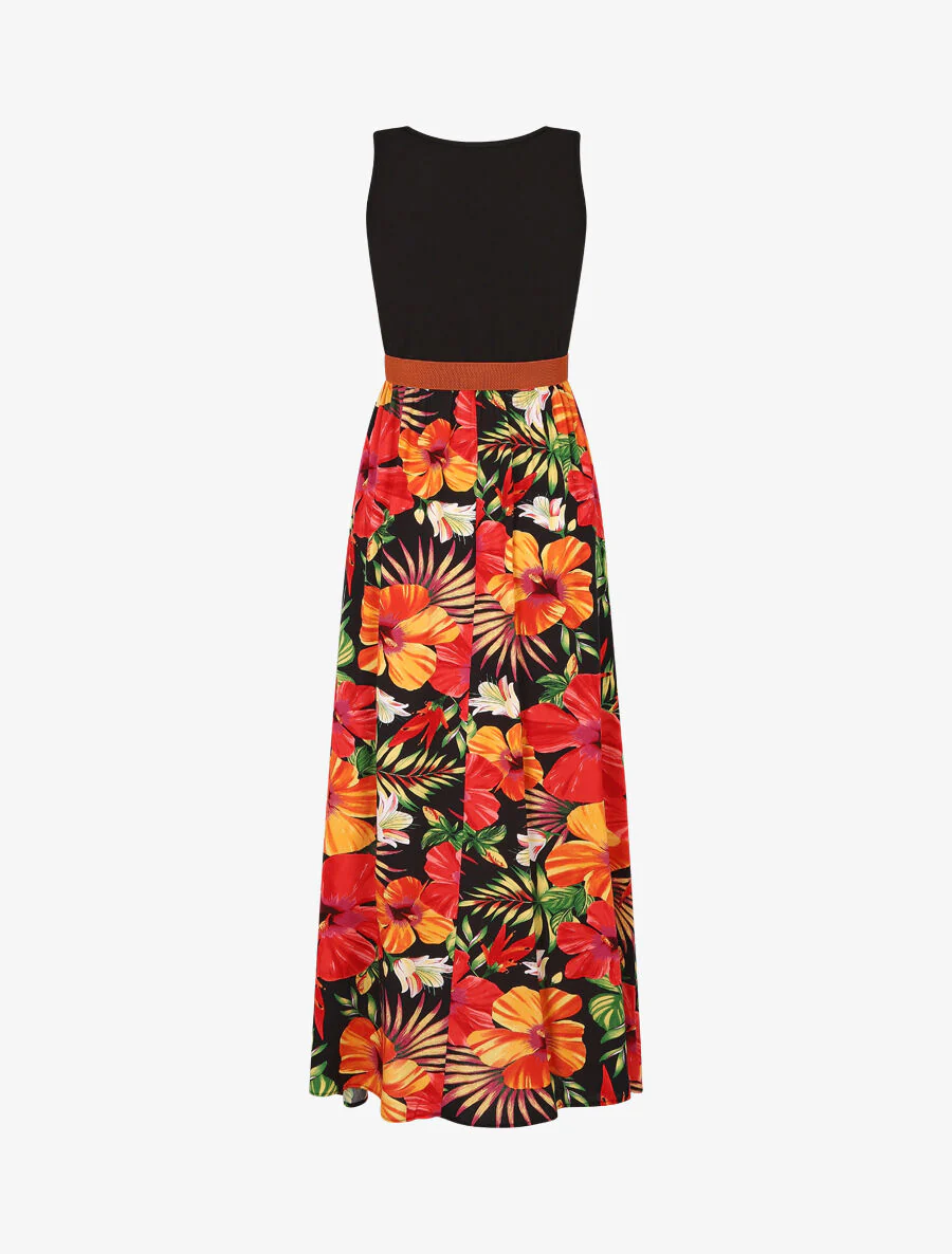 Robe longue bicolore imprimé tropical - Noir - Image 2