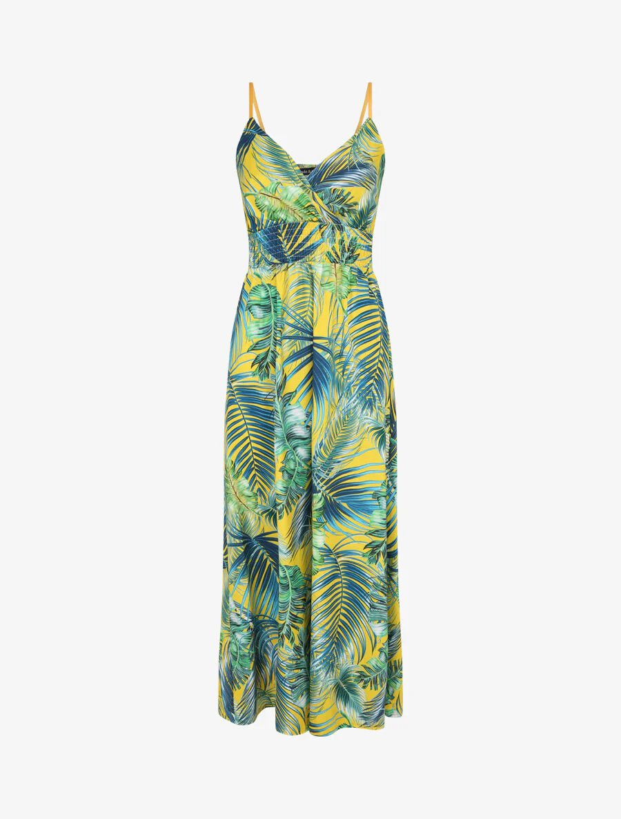 Robe longue cache-coeur à imprimé fleurs tropicales - Jaune