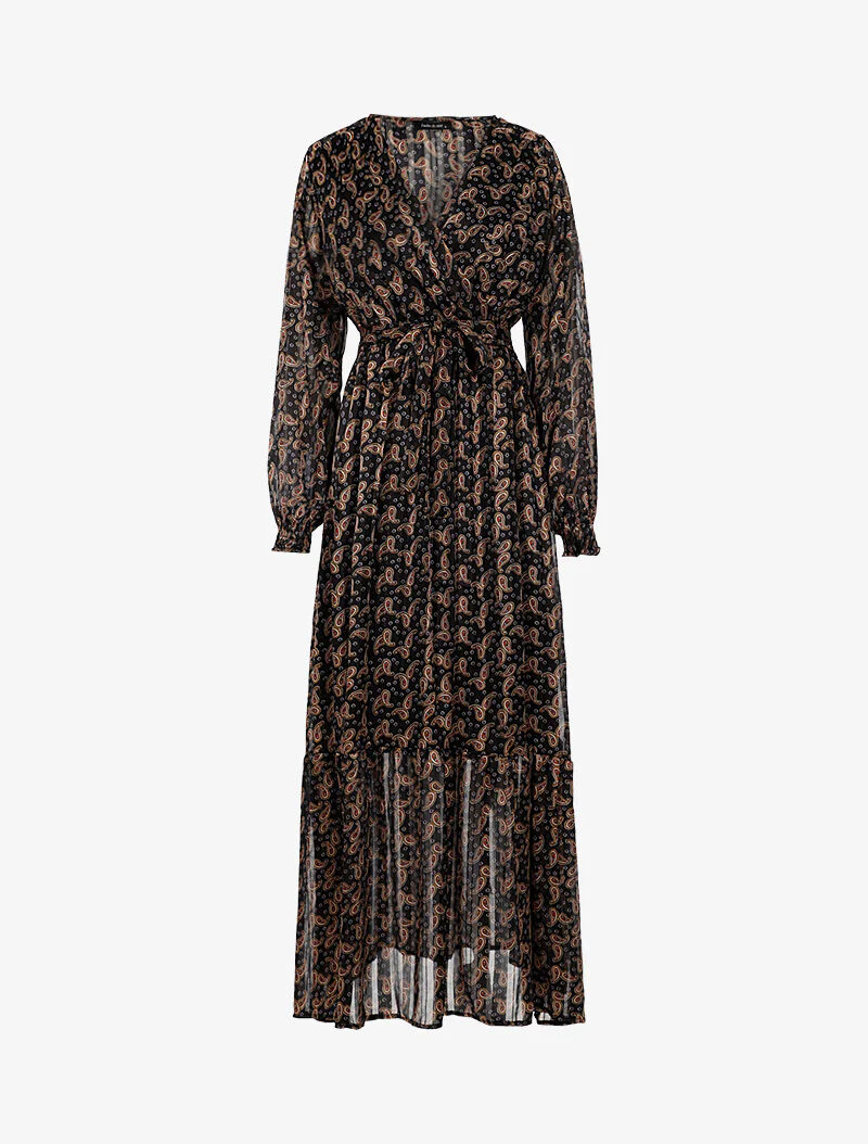 Robe longue cache-coeur imprimé cachemire - noir