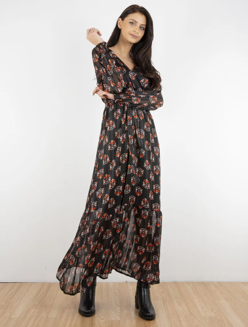 Robe longue cache-coeur imprimé fleurs abstraites - noir