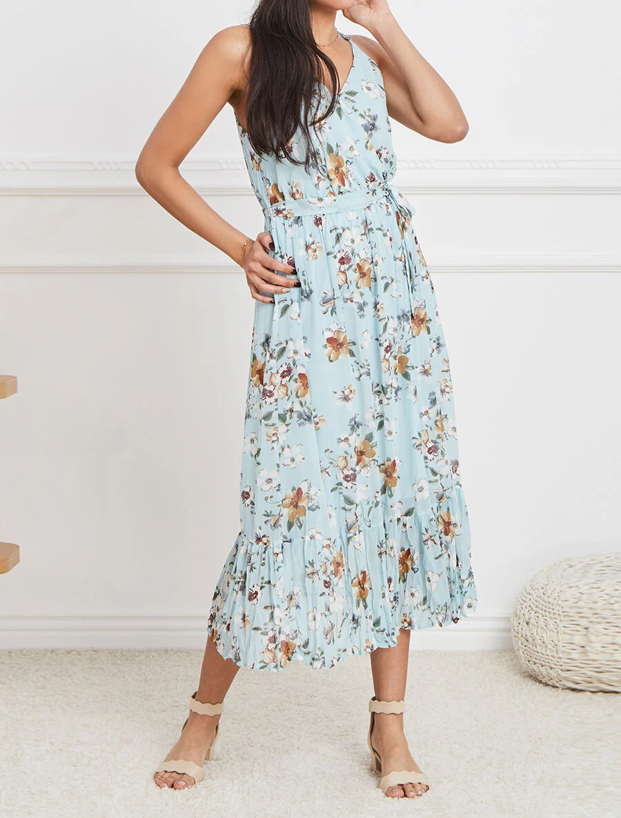 Robe longue cintrée imprimé fleurs - Turquoise - Image 4