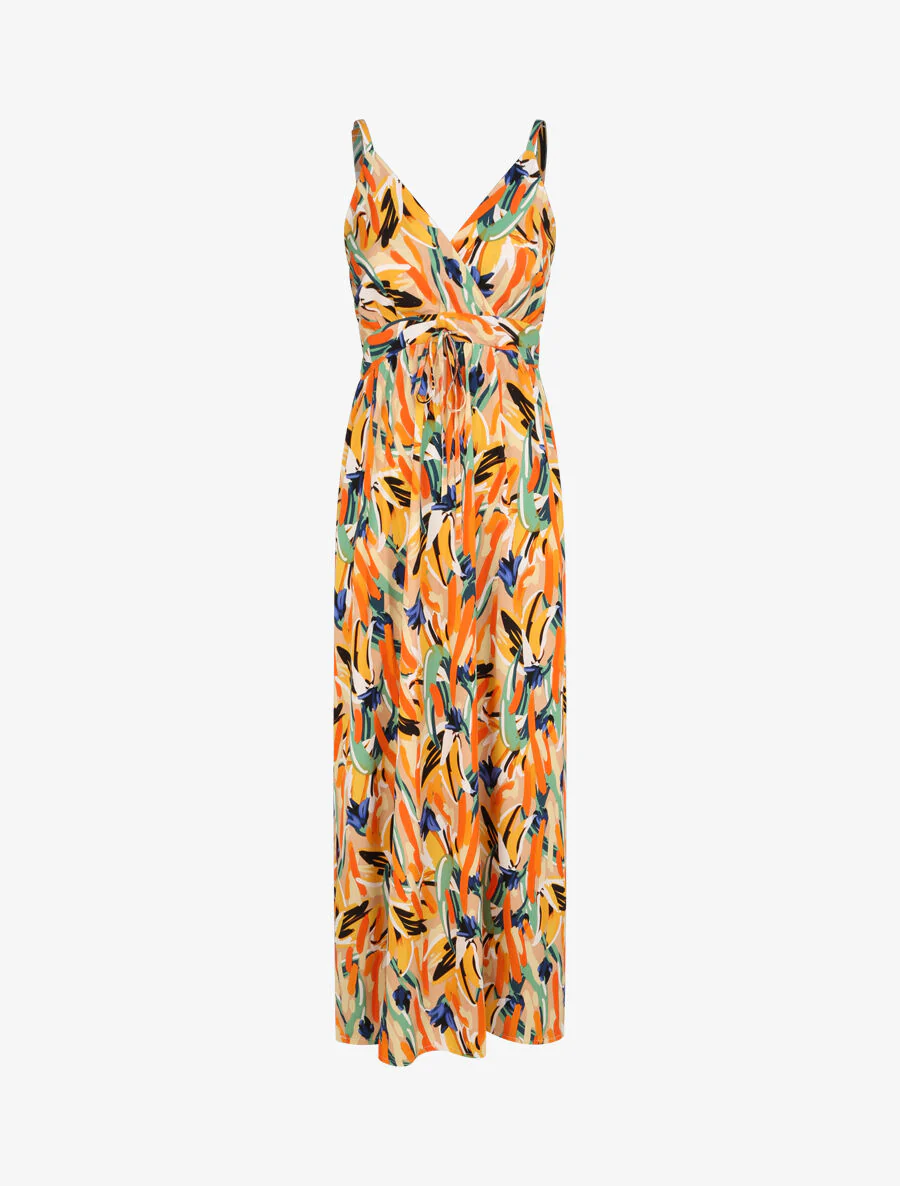 Robe longue cintrée imprimé grandes fleurs - Beige