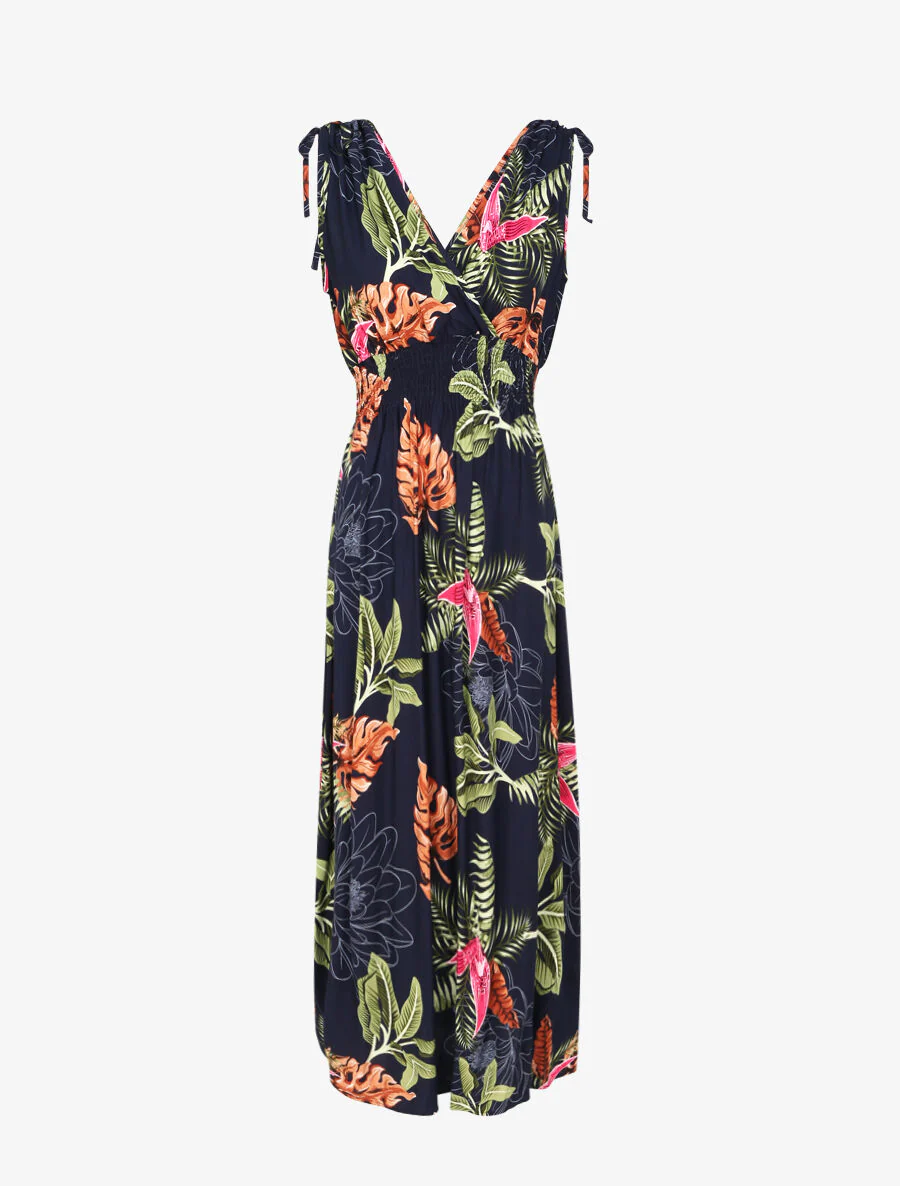 Robe longue cintrée imprimé grandes fleurs tropicales - Marine