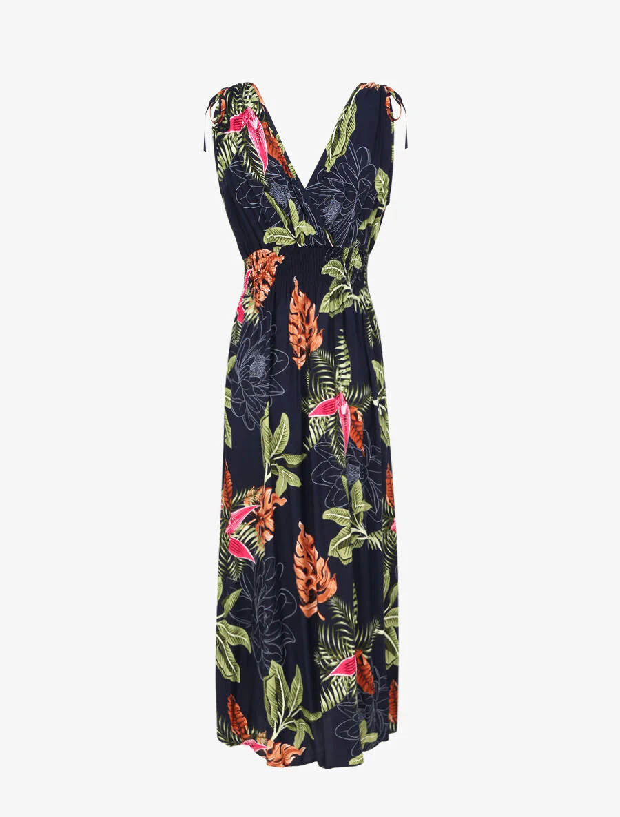 Robe longue cintrée imprimé grandes fleurs tropicales - Marine - Image 2