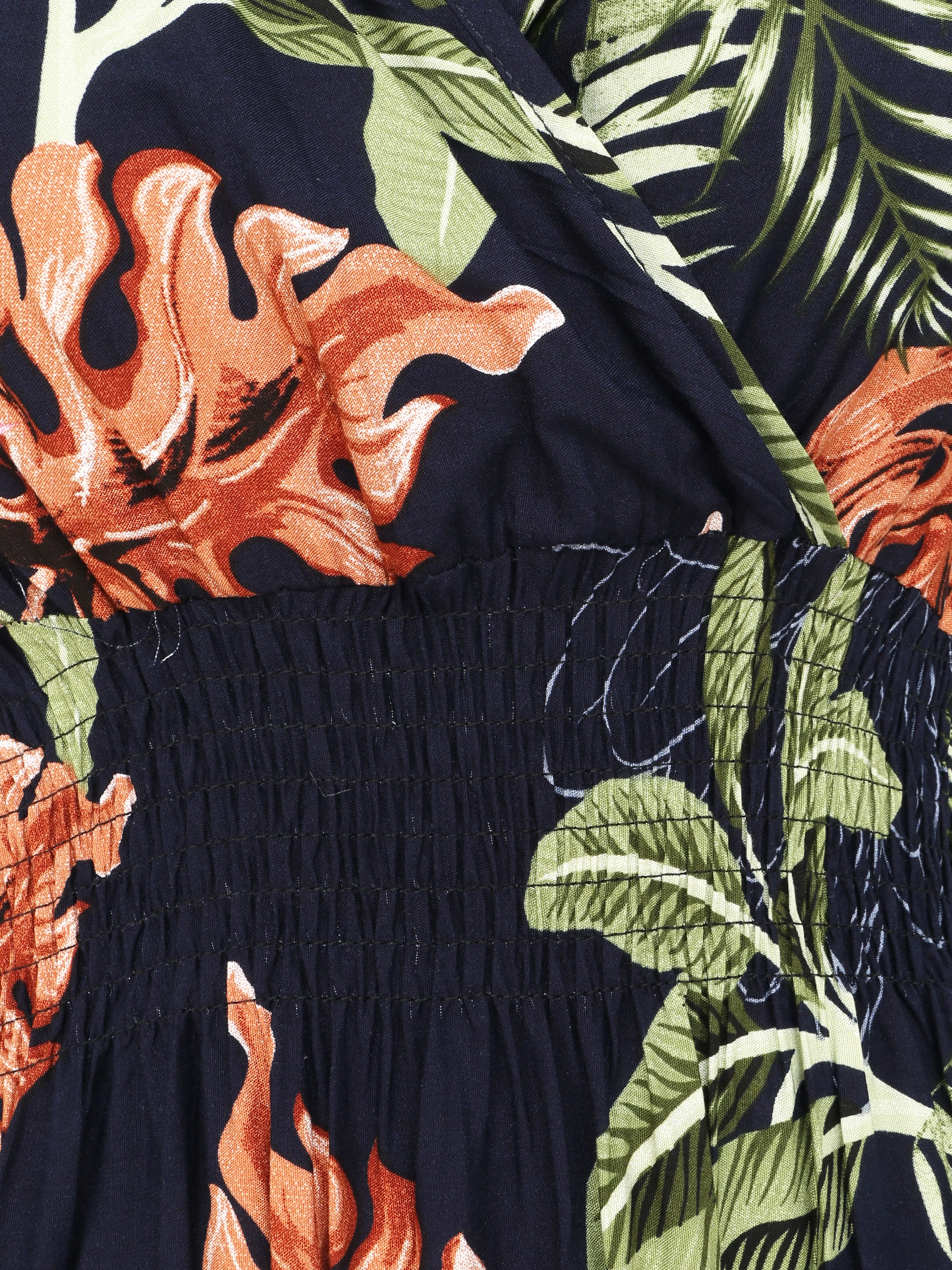 Robe longue cintrée imprimé grandes fleurs tropicales - Marine - Image 3