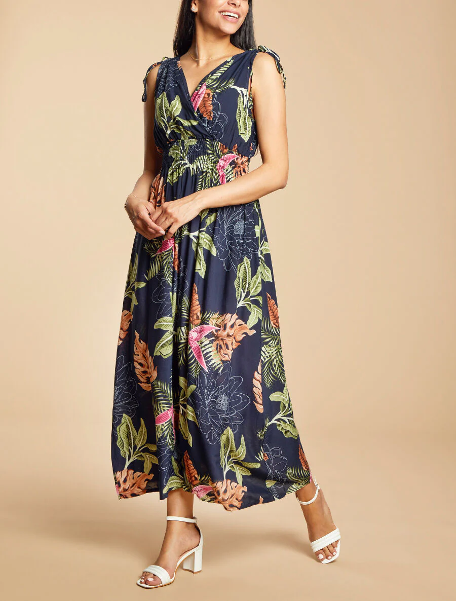 Robe longue cintrée imprimé grandes fleurs tropicales - Marine - Image 4