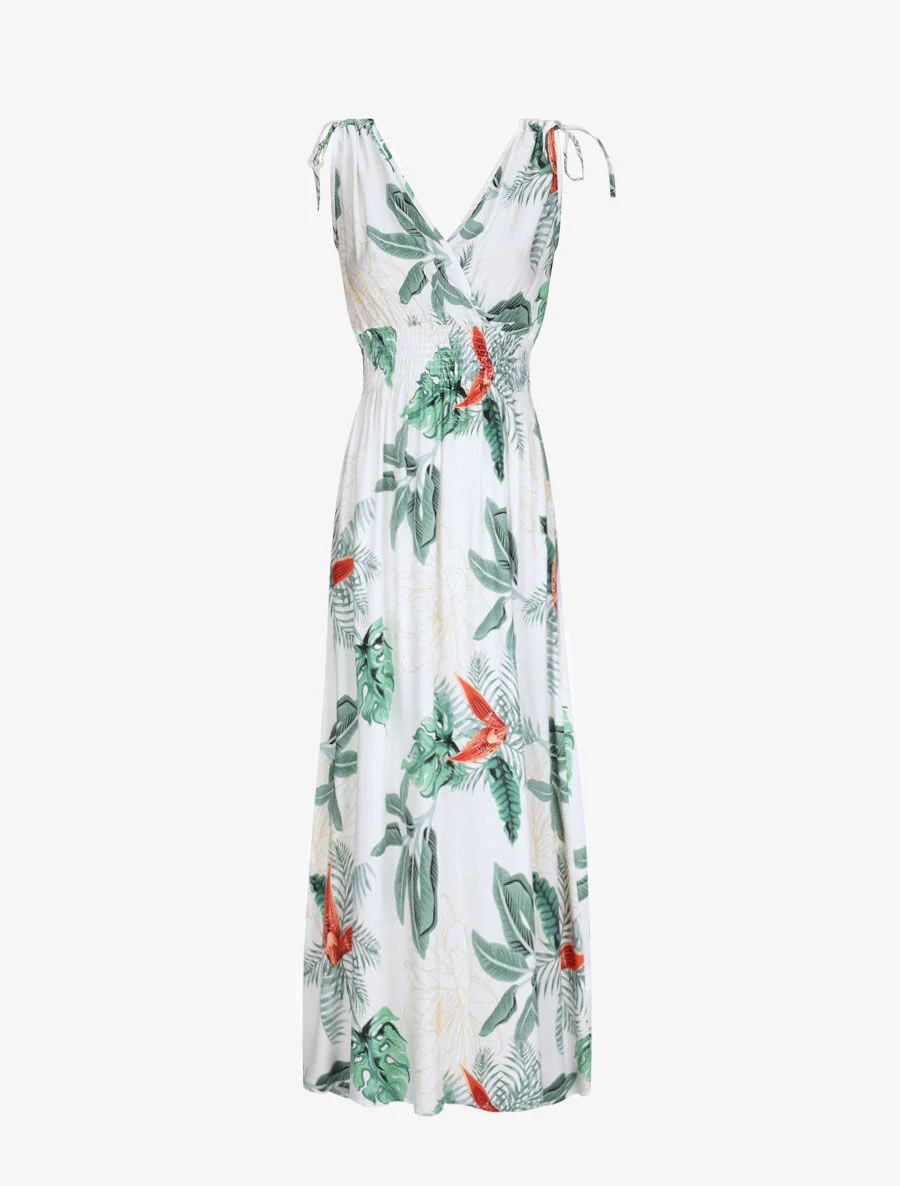 Robe longue cintrée imprimé grandes fleurs tropicales - Blanc