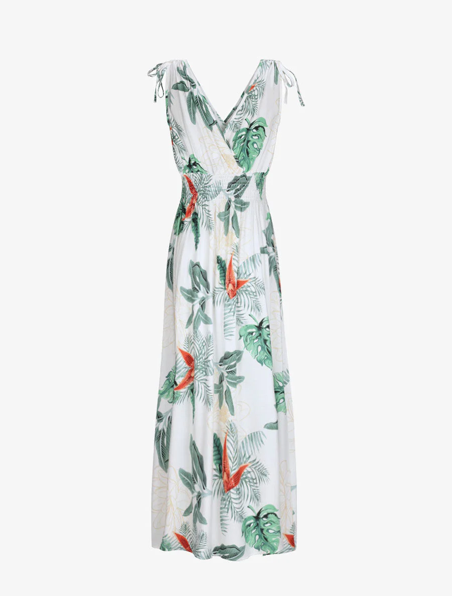 Robe longue cintrée imprimé grandes fleurs tropicales - Blanc - Image 2