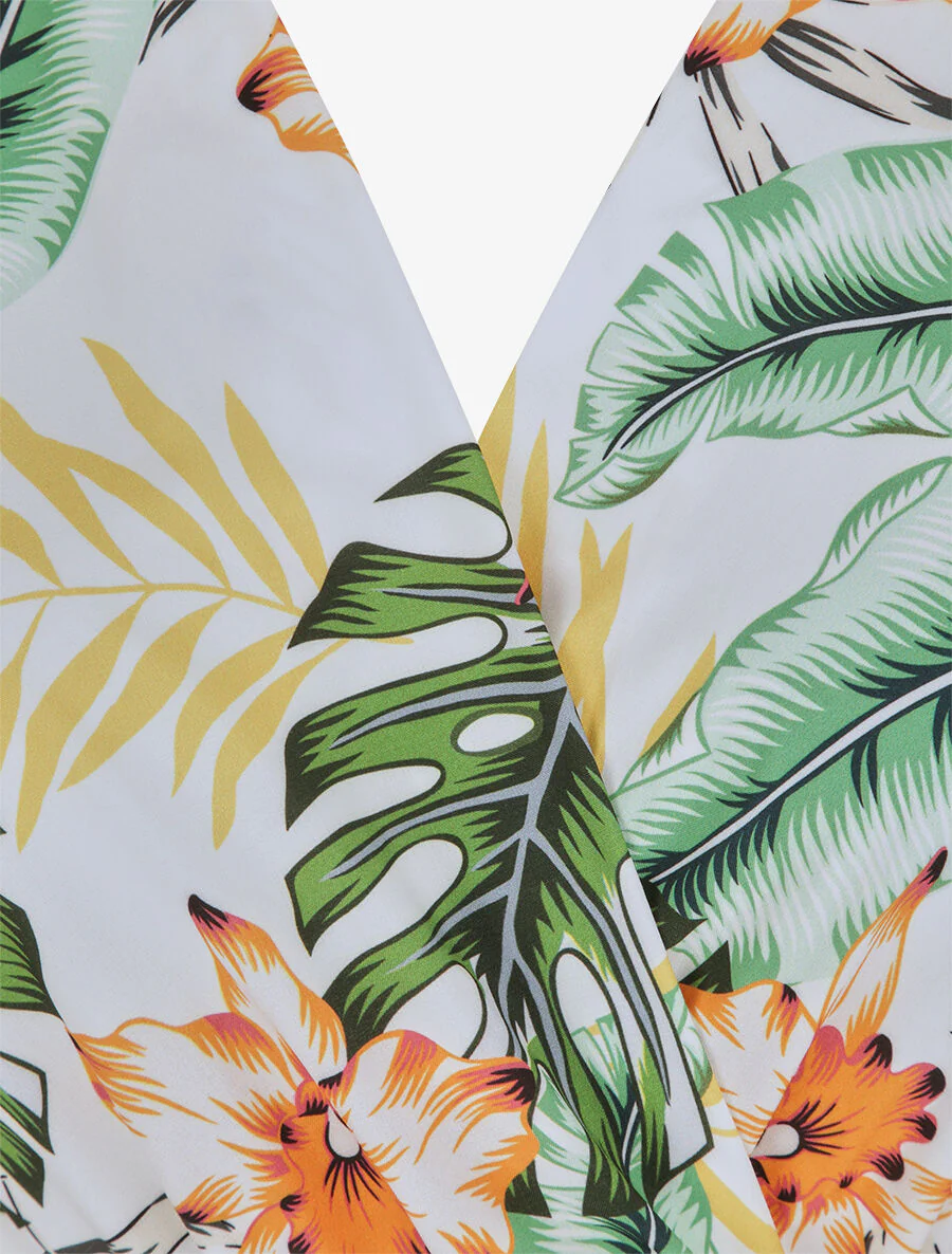 Robe longue cintrée imprimé orchidées tropicales - Blanc - Image 3