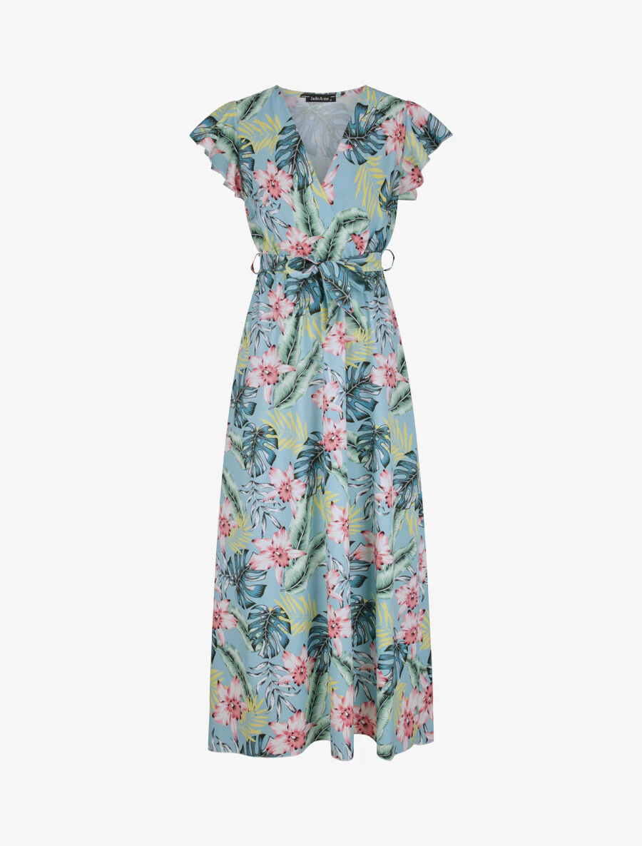 Robe longue cintrée imprimé orchidées tropicales - Bleu clair