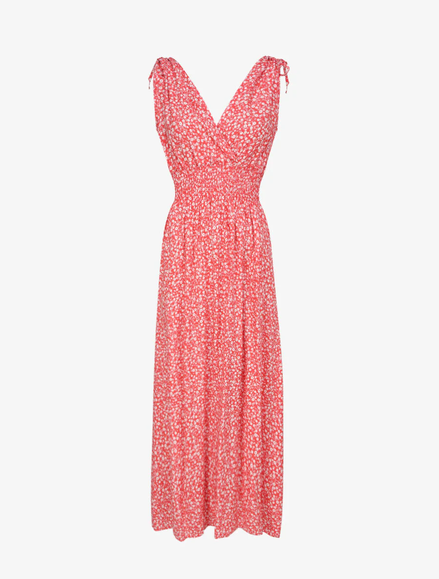 Robe longue cintrée imprimé petites fleurs - Rouge
