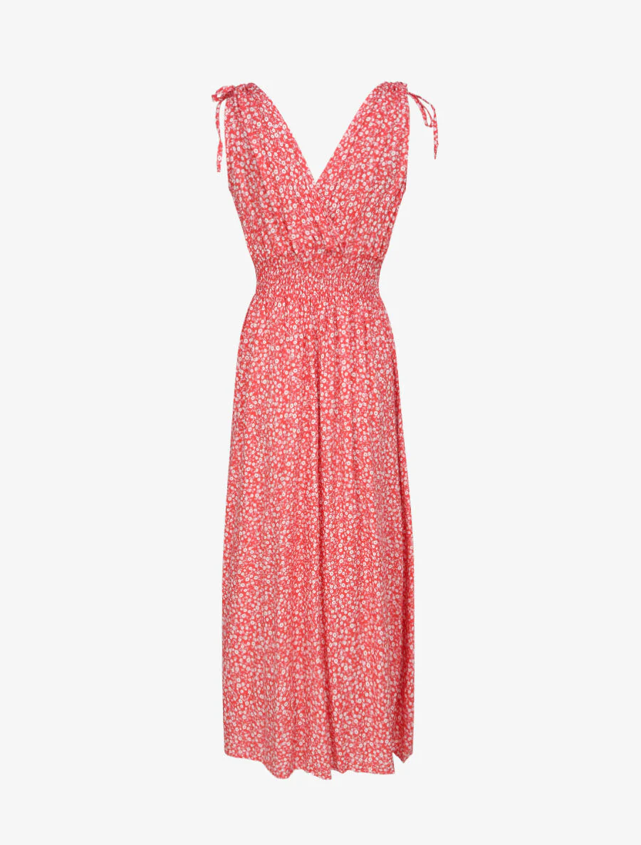 Robe longue cintrée imprimé petites fleurs - Rouge - Image 2