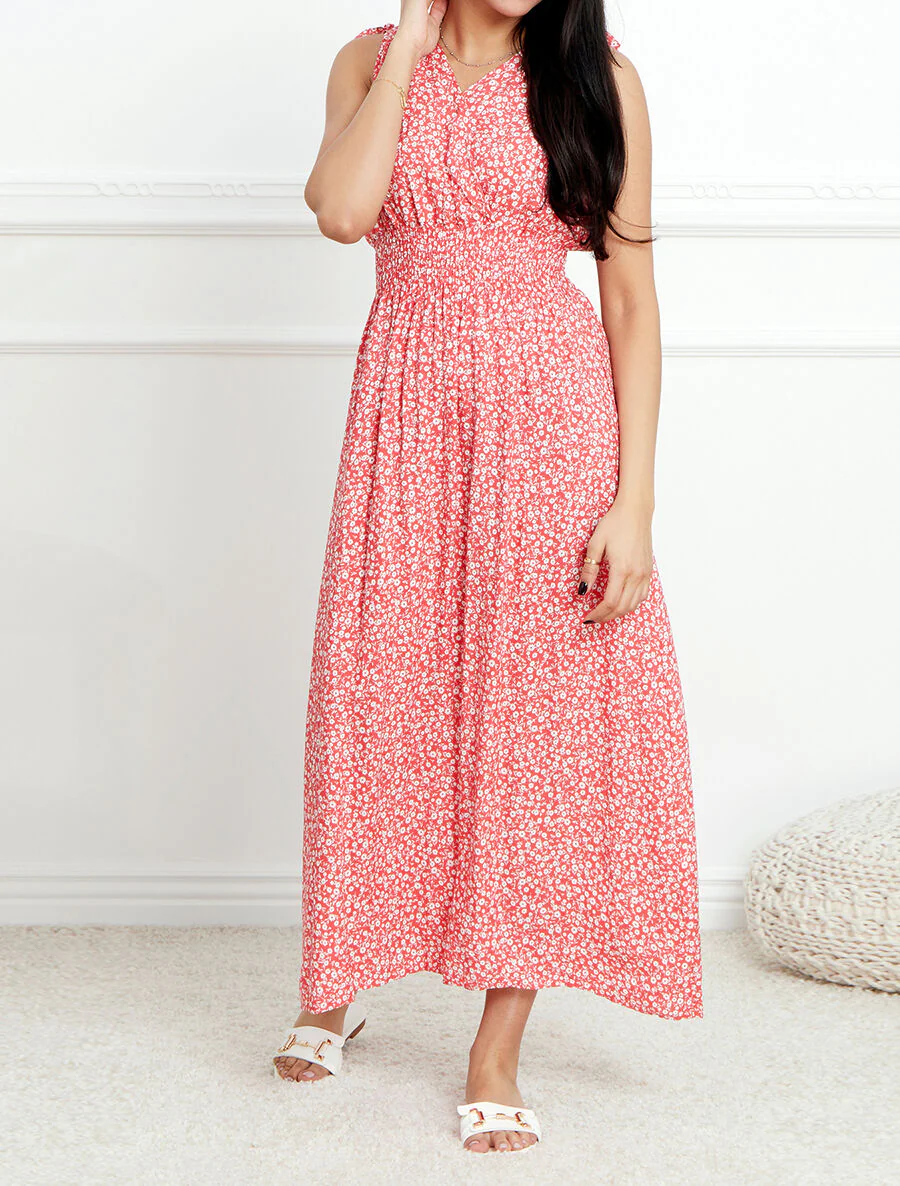 Robe longue cintrée imprimé petites fleurs - Rouge - Image 4