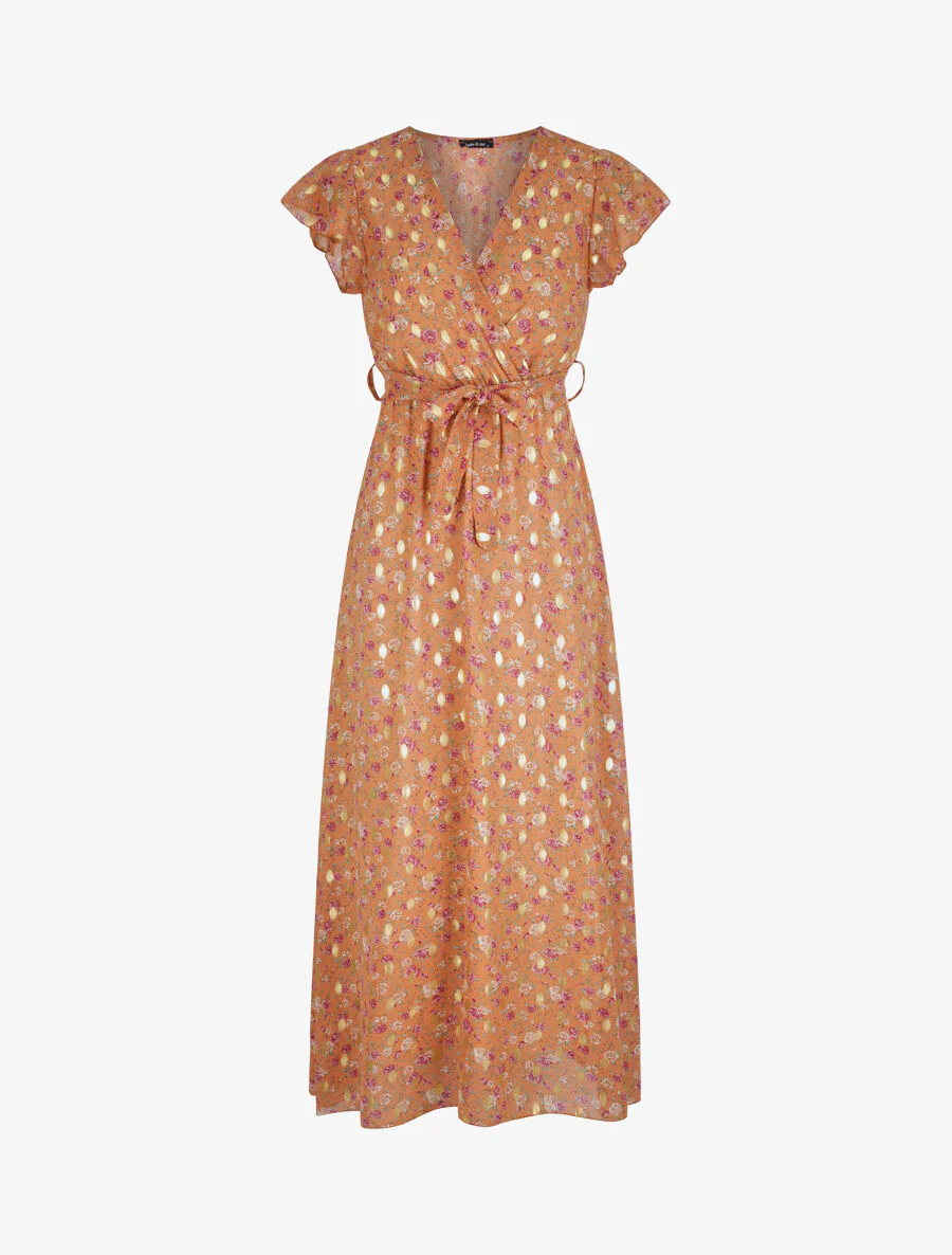 Robe longue cintrée imprimé roses irisées - Orange