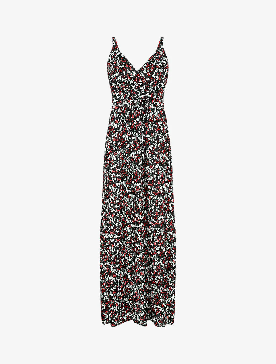 Robe longue cintrée imprimée petites fleurs printanières - Noir