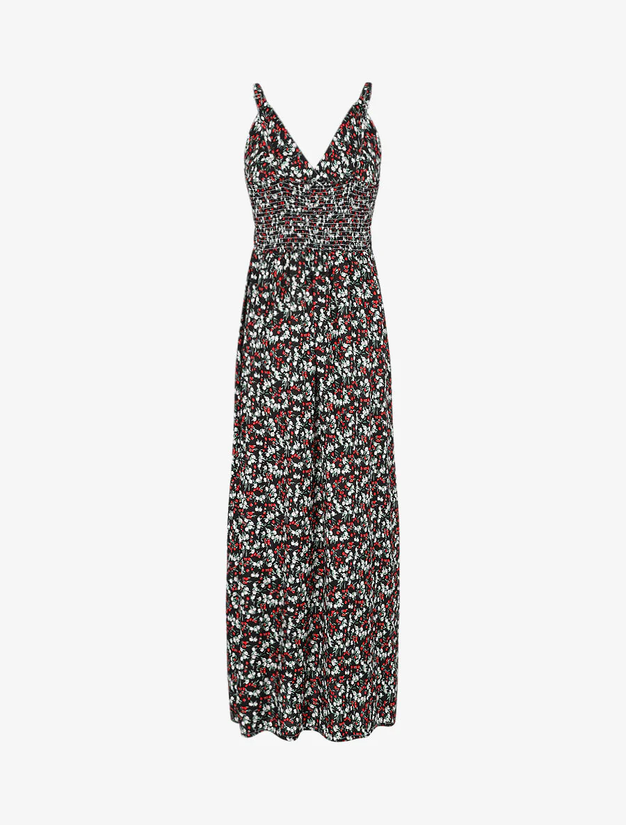 Robe longue cintrée imprimée petites fleurs printanières - Noir - Image 2
