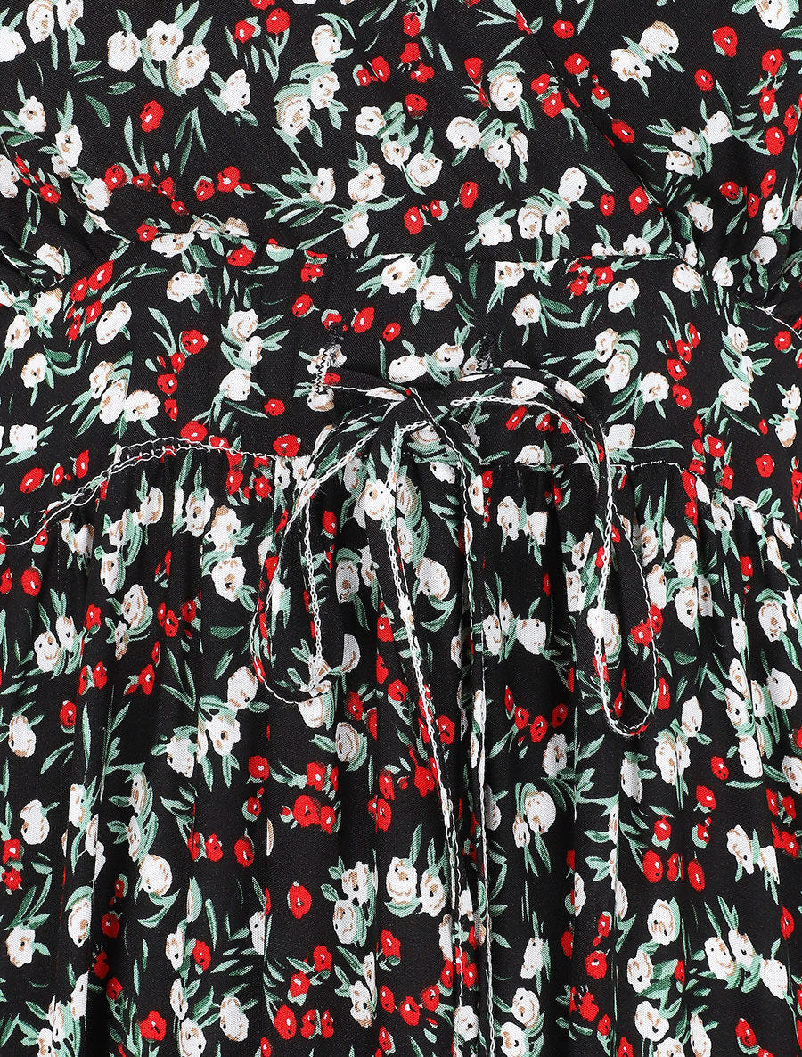 Robe longue cintrée imprimée petites fleurs printanières - Noir - Image 3