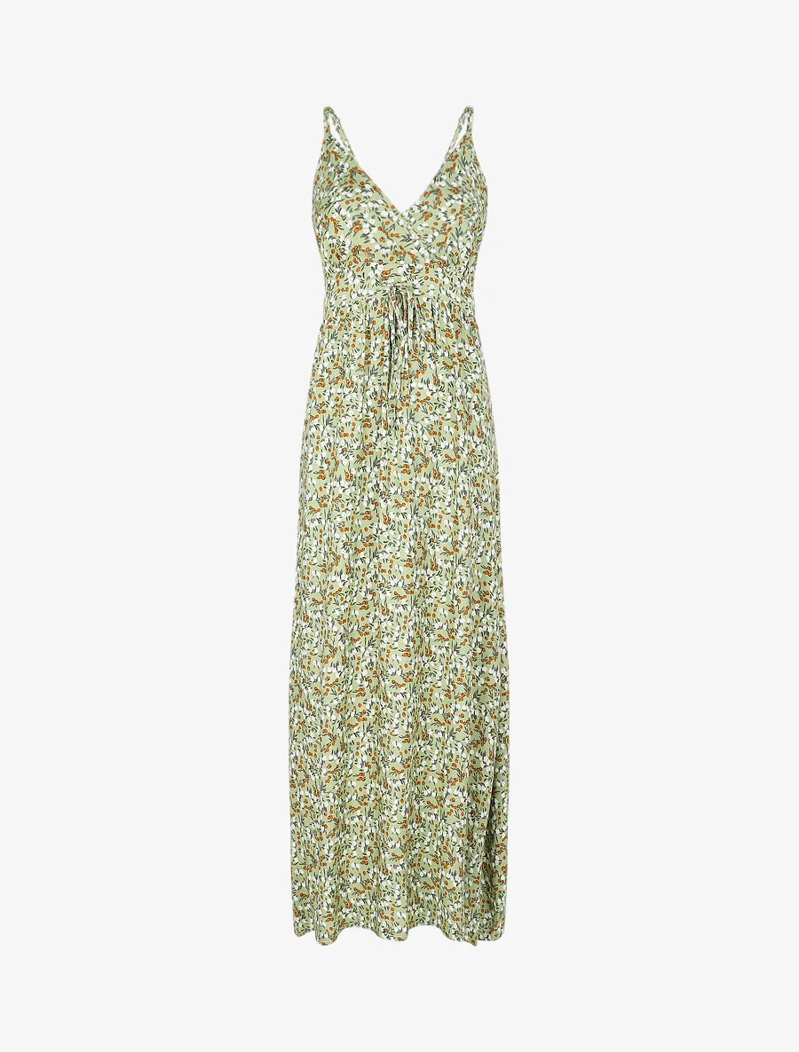Robe longue cintrée imprimée petites fleurs printanières - Kaki