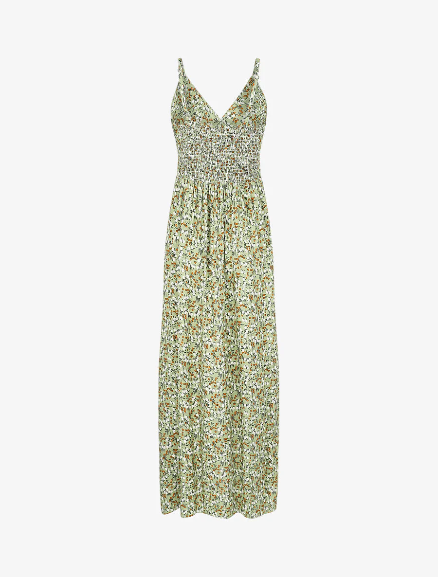 Robe longue cintrée imprimée petites fleurs printanières - Kaki - Image 2