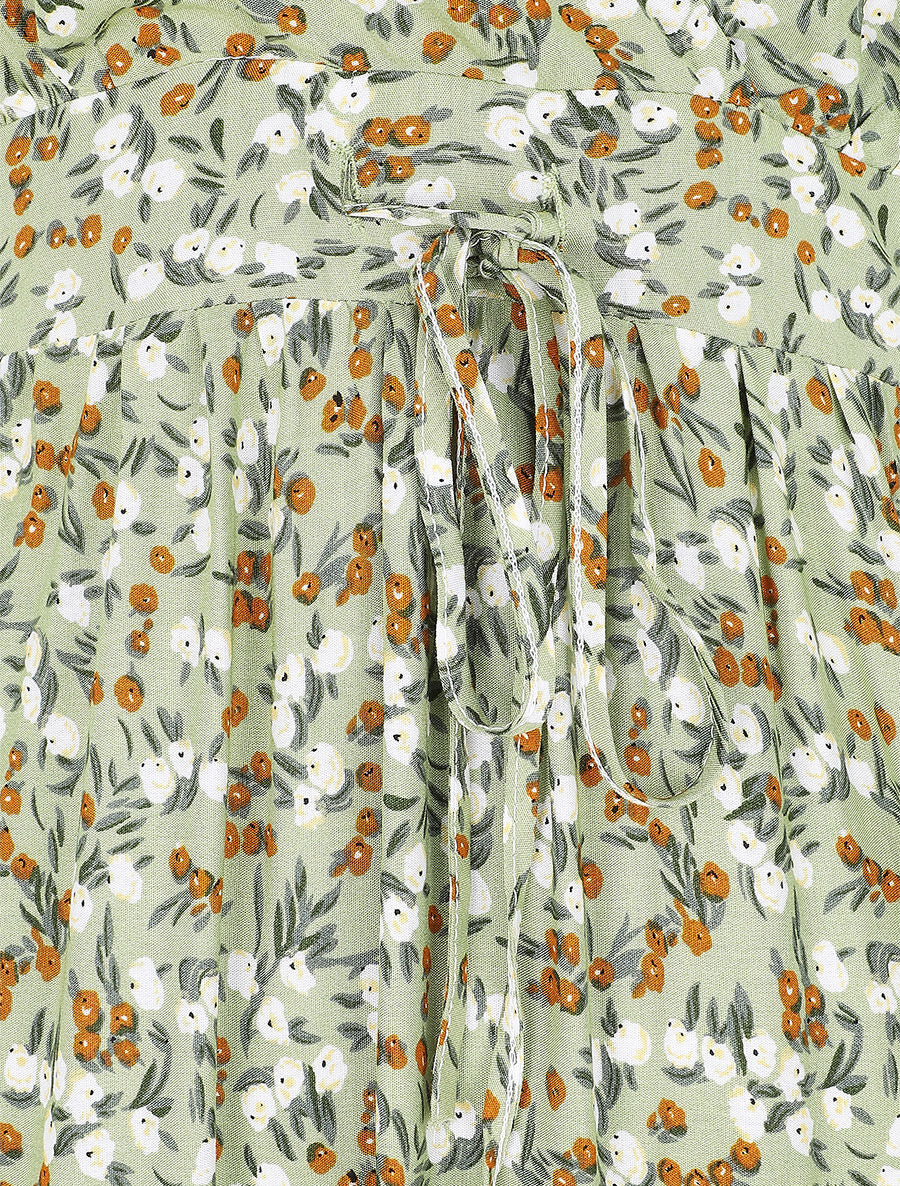 Robe longue cintrée imprimée petites fleurs printanières - Kaki - Image 3