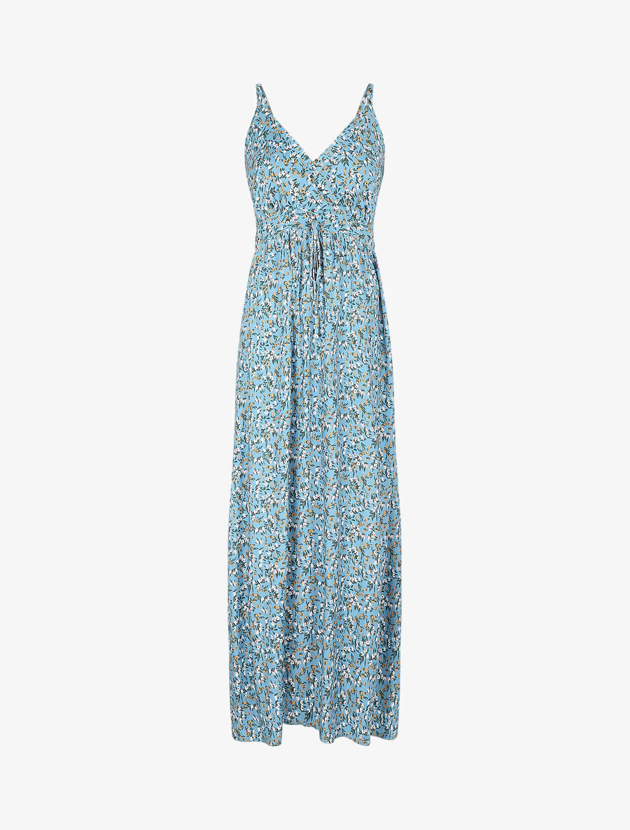 Robe longue cintrée imprimée petites fleurs printanières - Turquoise